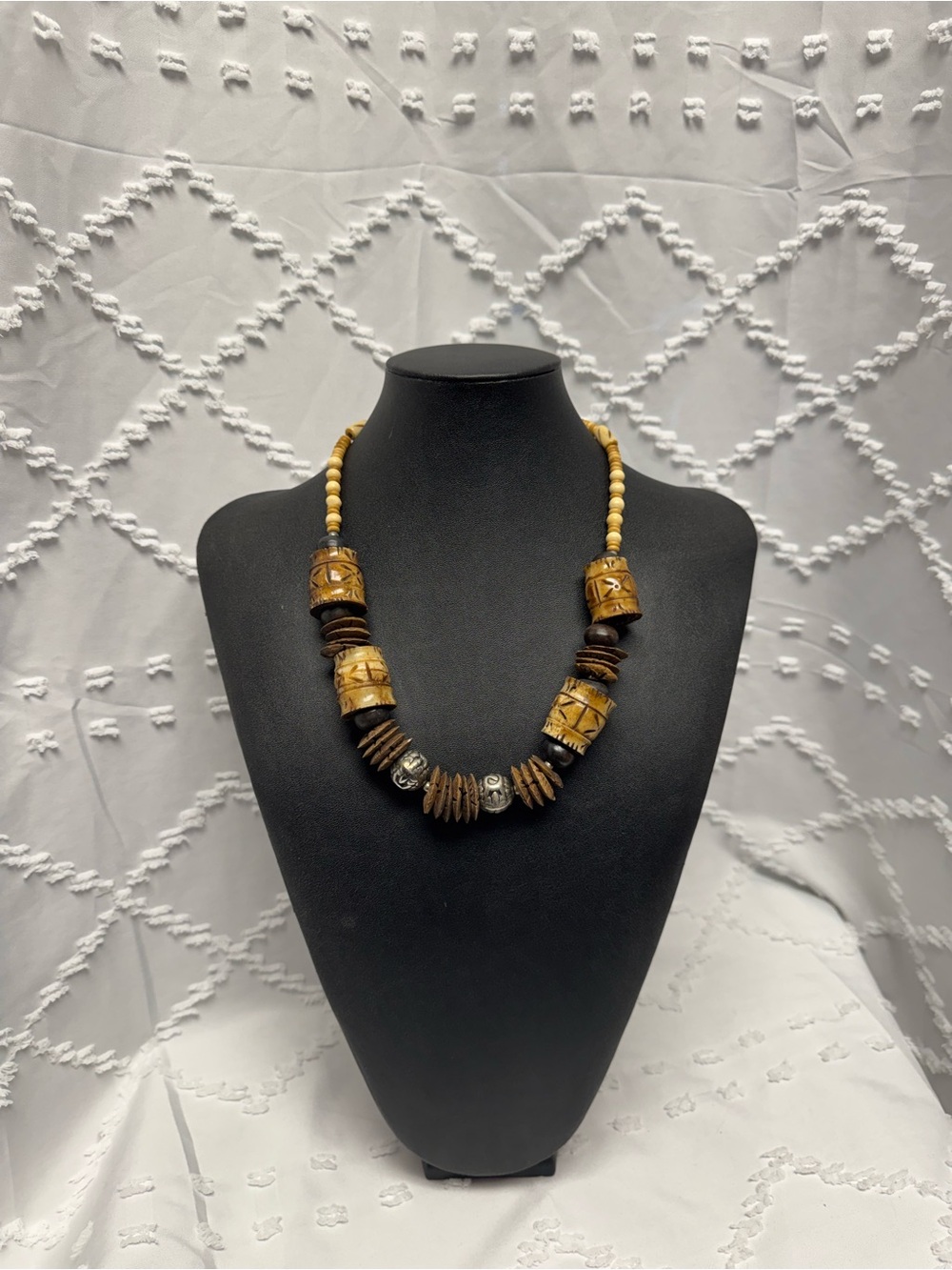 Vintage Hand Carved Tribal
Statement Necklace with Bone, Wood, and Metal Beads
